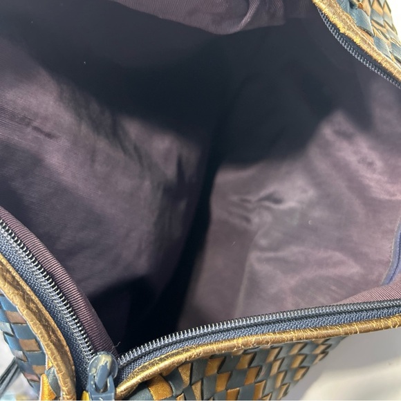 Vintage Sharif Genuine Leather Gold And Navy Woven Hobo Purse Handbag 1980s - Picture 3 of 5